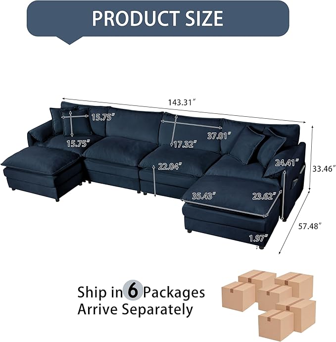 143-Inch U-Shaped Sectional Cloud Sofa Oversized Modular 6 Seaters Sofa Couch with 2 Ottoman Chaise and Pillow Armrest, Chenille Upholstered Convertible Cloud Couch