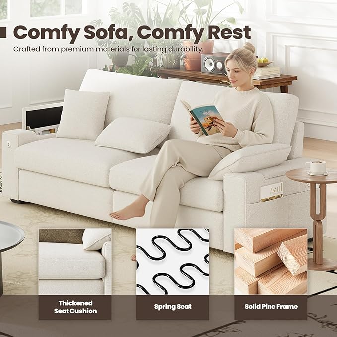 89" Loveseat Couch, 3 Seater Upholstered Midcentury Mondern Love Seat with USB Type C Ports, 4 Pillows and Storage Armrest Cloud Foam Sofa for Living Room/Small Spaces, Beige | Breathable material