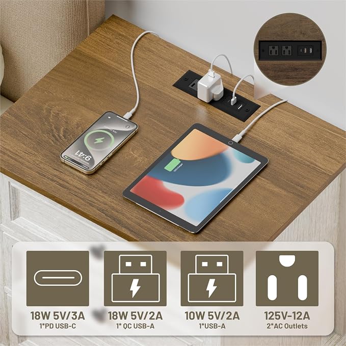 Nightstand with Charging Station, 24” Wide End Table with 3 Drawers, Modern Bedside Table with Storage, Wood Small Dresser for Bedroom Room (White) - Image 3