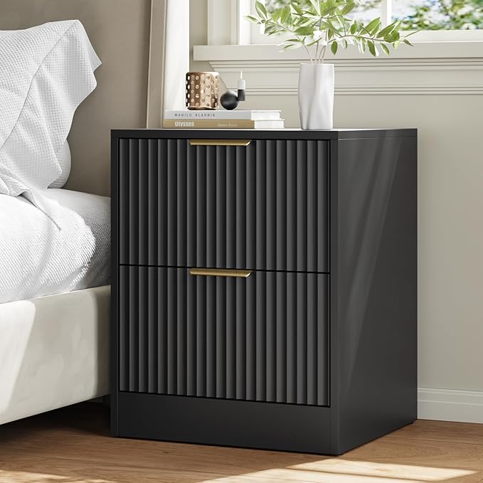 6 Drawer Dresser & Nightstand Set 3-Piece, 55” Wide Bedroom Dresser and Night Stand Set of 2 with Metal Handle, Fluted Modern Wood Chest of Drawers Storage Dressers Set for Bedroom, Black