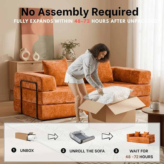 4-in-1 Folding Convertible Sofa Bed, 77" Floor Couch with Pillow - Chenille Fabric & High-Density Sponge & Fixed-Shape Frame, Modular Sofa for Living Room/Lounge/Studio, Orange