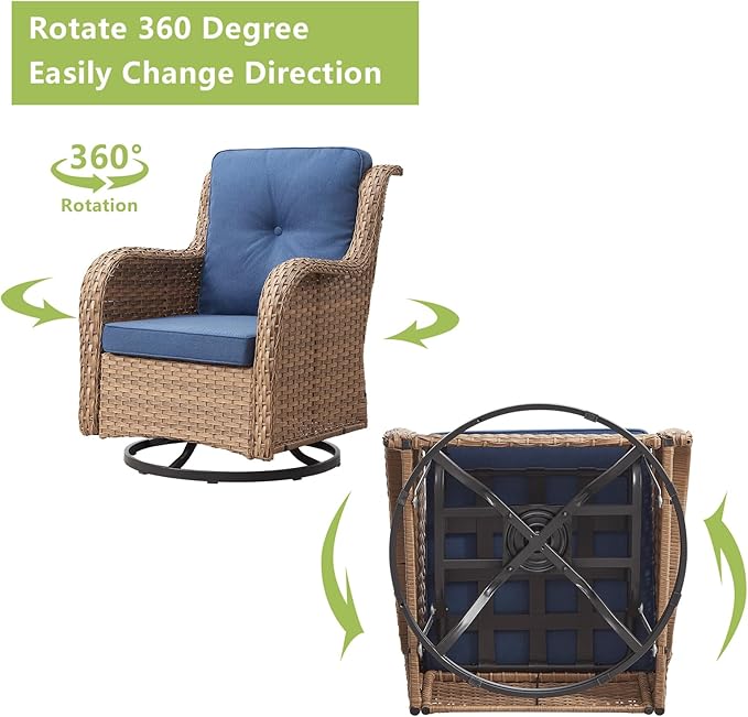 Rilyson Patio Furniture Swivel Chairs Set - 5 Piece Wicker Rattan Outdoor Sectional Conversation Sets with 2 Rocking Swivel Chairs,2 Ottomans and 1 Sofa for Porch Deck Garden(Yellow/Blue)