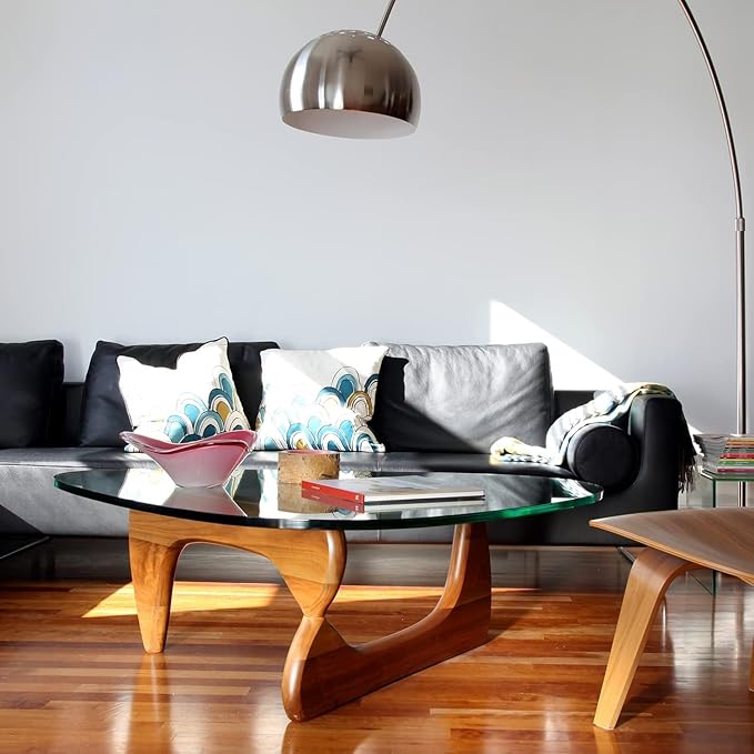 Triangle Glass Coffee Table Vintage Glass End Table, Solid Wood Base and Triangle Clear Glass Top Modern End Table for Living Room, Patio, Study (Light Walnut)