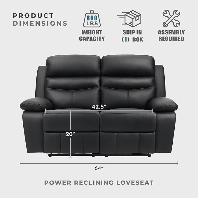Lexicon Recliner Sofa for Living Room, Double Reclining RV Couch, Power Wall Hugger Recliner Home Theater Seating Leather Match Reclining Sofa, with USB Charge Port, 64''W Loveseat, Black