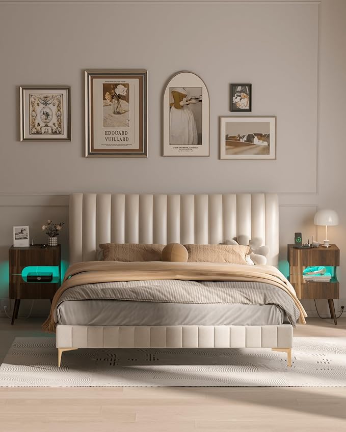 JOONEE Nightstand with Charging Station and LED Lights,Modern Bedside Table with 2 Storage Drawer,Night Stand with Solid Wood Legs,White (Walnut Brown) - Image 7