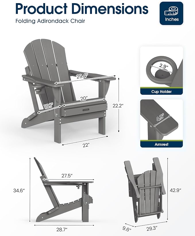 MUCHENGHY Folding Adirondack Chairs Set of 4, Hdpe Fire Pit Chairs, Outdoor Chairs, Plastic Adirondack Chairs, Lawn Chairs Weather Resistant with Cup Holder for Deck, Backyard, Garden(Gray) - Image 3