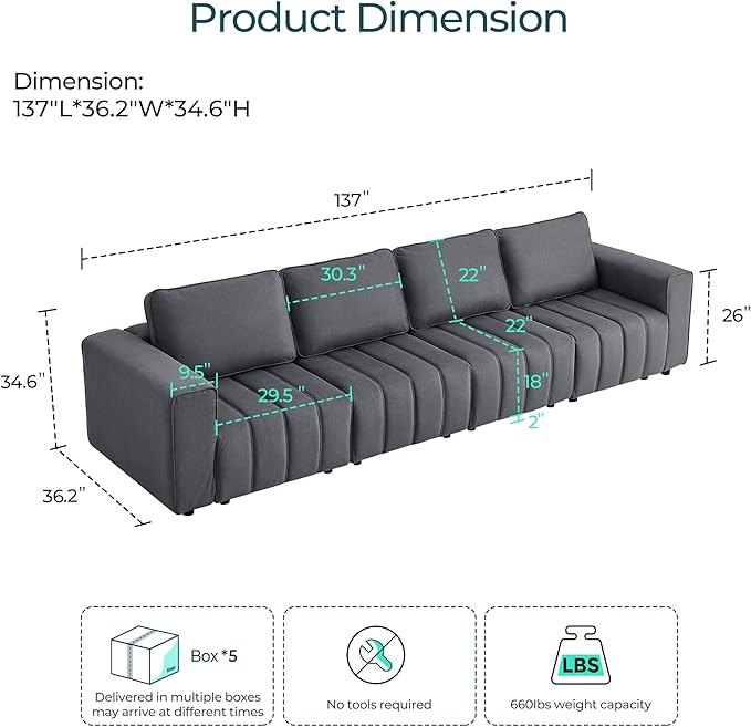 LINSY HOME 137" Modern Sofa Couches for Living Room, Modular Sectional Loveseat Sofa with Anti Cat Stretch Fabric and Metal Frame, Comfy 4 Seater Loveseat Oversized, Easy Assembly, Grey