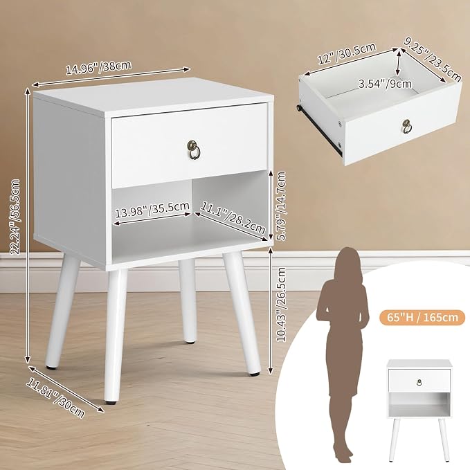 Bonnlo White Nightstand, Modern Bedside Table with Drawer Open Shelf, End Table with Solid Wood Legs for Bedroom、Living Room - Image 2