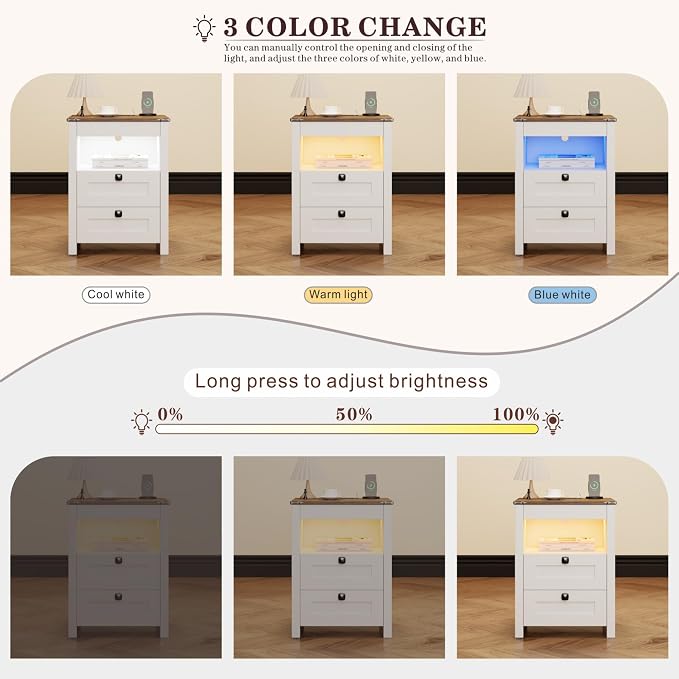 TAGELIER Night Stand Set 2 with Gun Drawer, Farmhouse Bedside Table with Charging Station, Gun Nightstand with LED Light & Human Sensor, Smart End Table for Bedroom, Antique White - Image 6