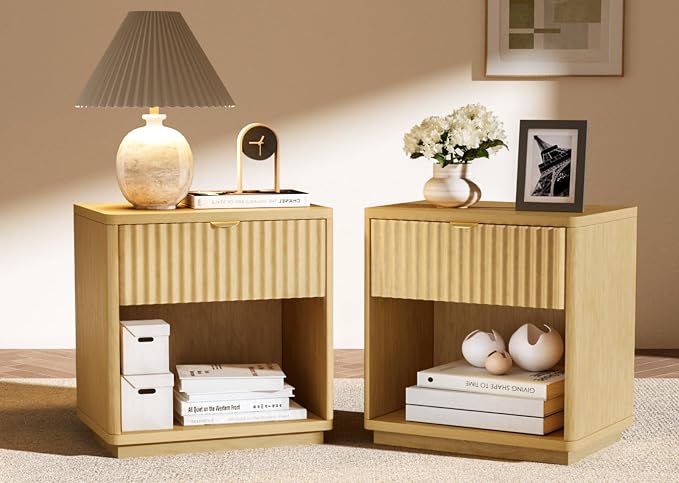 Nightstands Set of 2, Nightstand with Drawers Bedside Table End Table, Modern Fluted Nightstand Bed Side Table for Bedroom Living Room(Oak Natural) by SnuHome