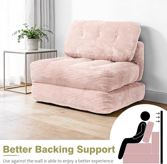 Art3d Folding Sofa Bed, Convertible Sleeper Sofa Bed with Pilow & Back Support, 3 in 1 Long Futon Boneless Couch, Comfy Floor Couch for Living Room, Bedroom, Light Pink