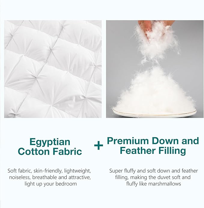 KAKABELL Pinch Pleat Goose Down Feathers Fiber Comforter Palatial King Size All Season-Ultra Soft and Cozy Noiseless Duvet Insert with Egyptian Cotton Blend Cover,Fluffy Warm Comforter White,120"X98"