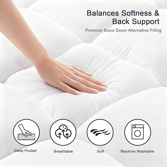 Aemicion Queen Size Mattress Topper, Luxury Fluffy Cooling Mattress Pad for Back Pain Relief, Easy to Clean, Box Sewing Design, Deep Pockets Fit 8-21" Mattresses 60" x 80"