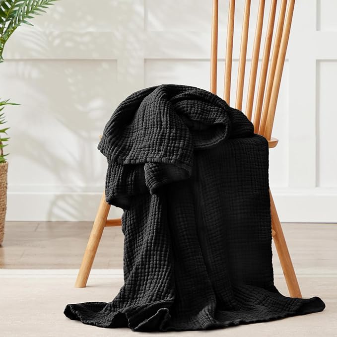 100% Cotton Muslin Blanket Queen 90" x 90", 6 Layers Breathable and Lightweight Cotton Throw Blankets for Bed, Soft Cooling Summer Gauze Blanket for Adults All Season, Black