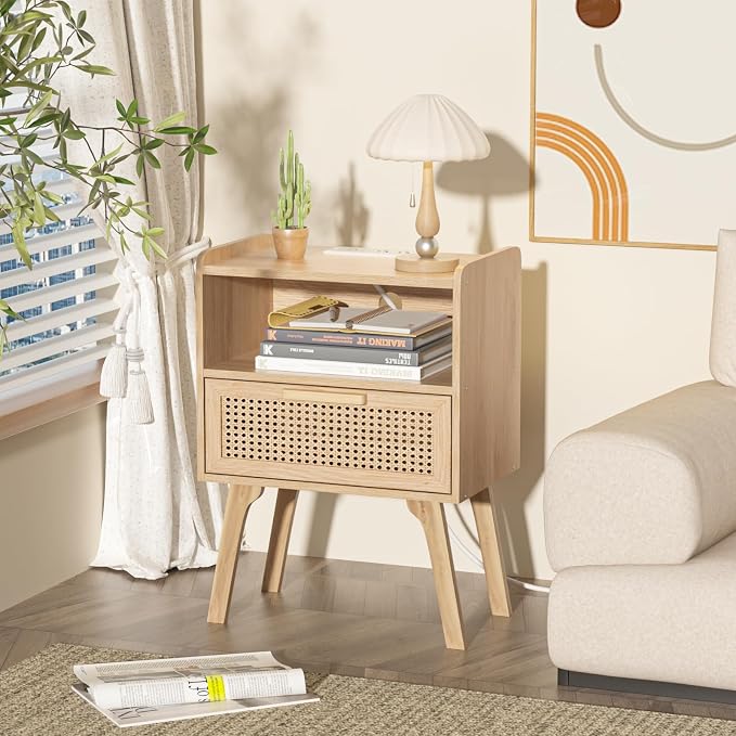 Lerliuo Rattan Nightstands Set of 2 with Charging Station, Boho Night Stand with Handmade Natural Rattan Drawer and Open Shelf, Side End Tables with Solid Wood Legs for Bedroom, Dorm, Small Spaces - Image 7