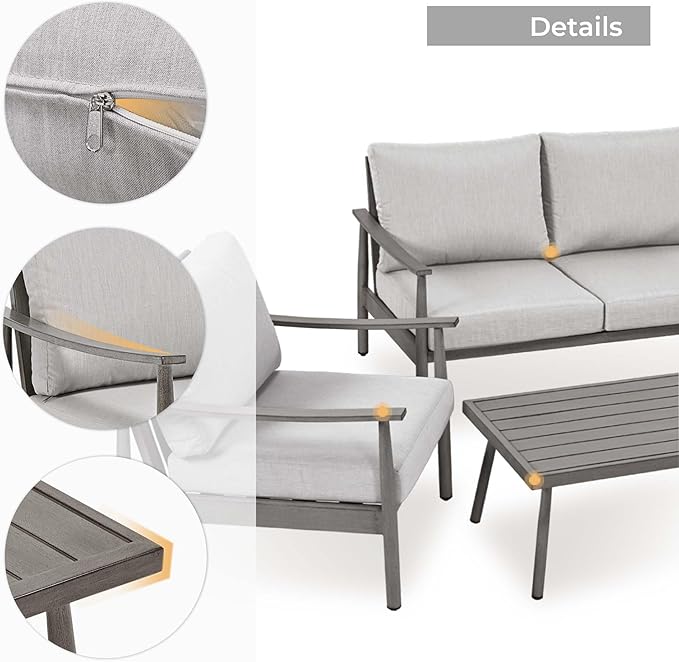 HAPPATIO Patio Outdoor Furniture Set - 4 Piece Aluminum Patio Conversation Set with 1 Coffee Table, 2 Armchairs and 1 Three-Seater Sofa, Aluminum Outdoor Furniture Set for Backyard Poolside (Grey)