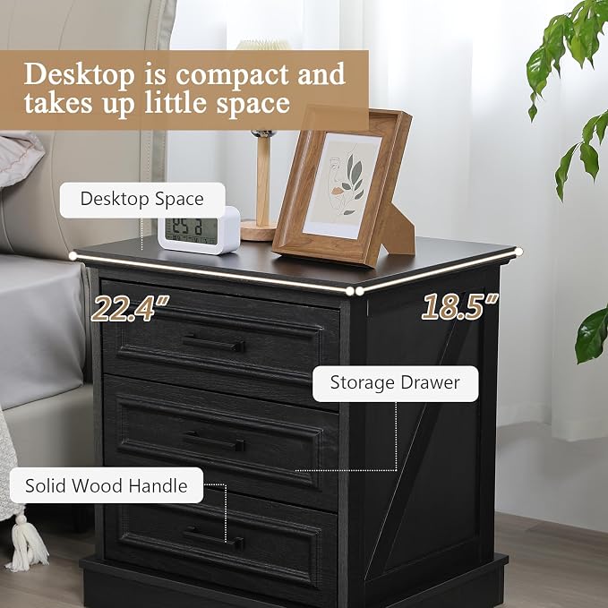 Farmhouse Nightstand with Charging Station, Wood Night Stands with 3 Drawers, 22" Wide End Table with Storage, Black Bedside Cabinet for Bedroom - Image 5