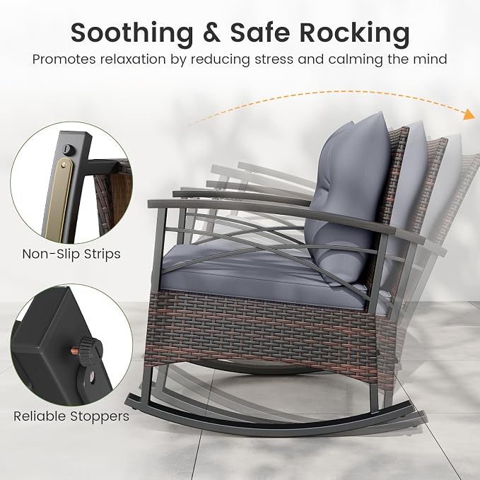 Tangkula 3 Pieces Outdoor Rocking Chairs Set, Rattan Heavy Duty Cushioned Rocker Chairs with 2-Tier Tempered Glass Coffee Table, for Garden, Balcony, Backyard (Gray) - Image 5