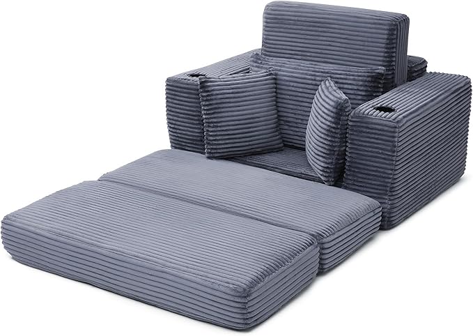 Eafurn 52.4" Oversized Chaise Lounge Indoor with Foldable Ottoman Convertible Boneless Sleeper Sofa Bed, Deep Seat Lounge Chair with Cup Holder & Side Pocket, No Assembly for Living Room | Breathable material, Cupholders