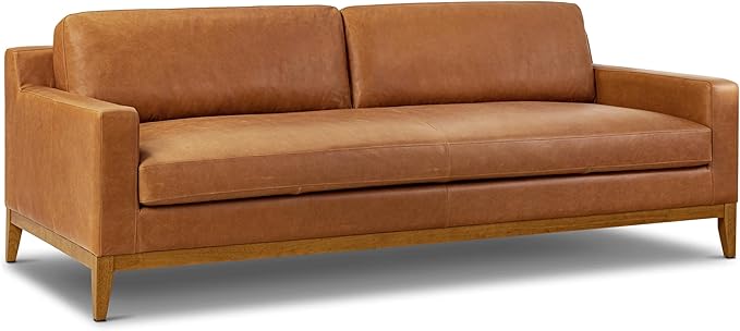 POLY & BARK Zyon 90" Sofa – Saddle Tan Full-Grain Pure-Aniline Italian Leather, Feather-Down Cushions, Solid Wood Base & Legs, Mid-Century Modern Design