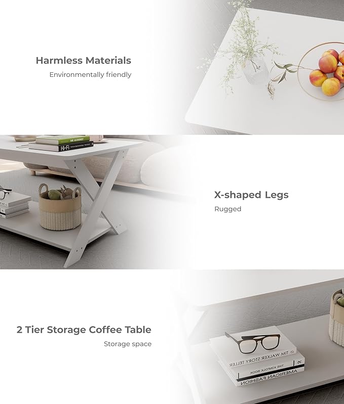 Modern Coffee Table with Storage Shelf, Simple Rectangular Tea Tables for Living Room Bedroom Home Office White
