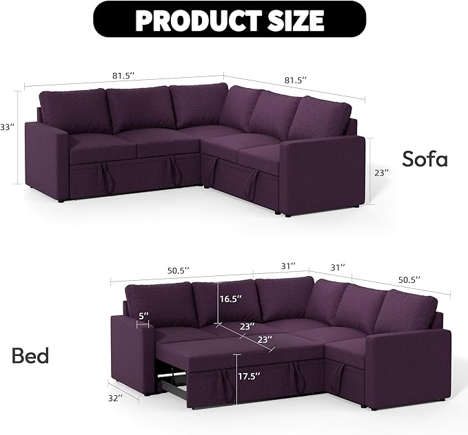 Modular Sofa Bed Couch with Storage, 82" Reversible Sleeper Sofas with Pull Out Bed, Pull Out Couch for Living Room Apartment Bedroom Office, Dark Purple