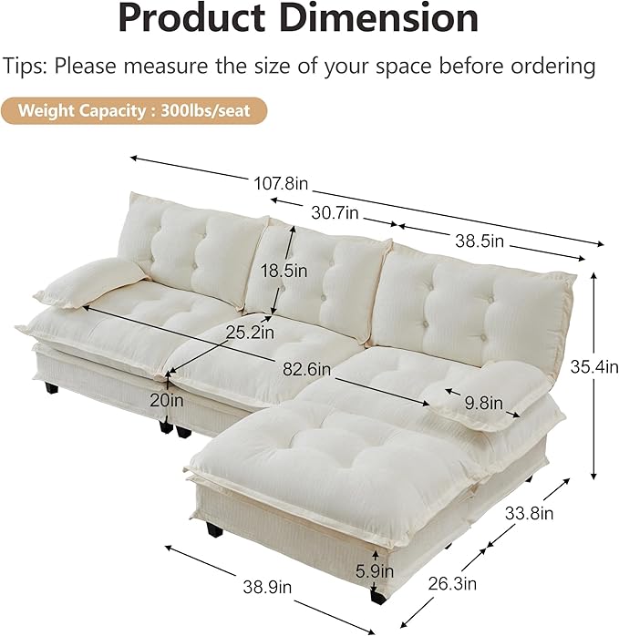 108" Oversized L Shaped Modular Sectional Sofa with Reversible Ottoman, Comfy Chenille Upholstered Cloud Couch 4-Seater Sofa Set for Living Room, Apartment, Office | Free Combination, Tufted