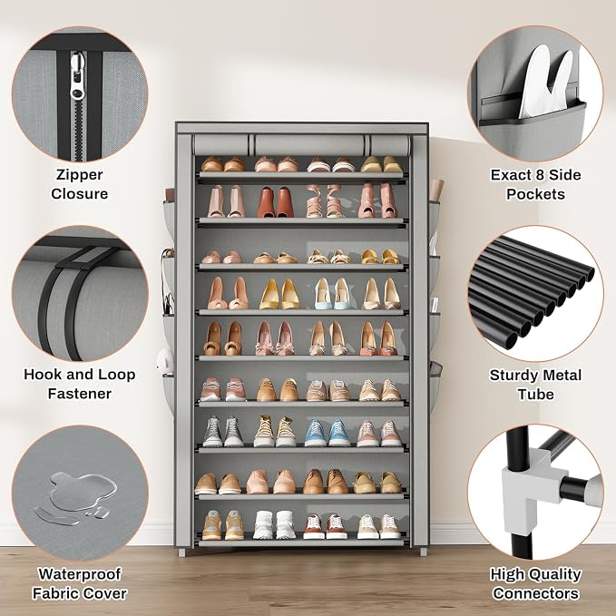 Shoe Rack with Cover, 10 Tier Shoe Organizer Storage for 40-50 Pairs Sneaker and Boots, Large Capacity, with 8 Pockets, Free Standing Tall Shoe Rack for Front Door Entrance, Closet, Grey - Image 4