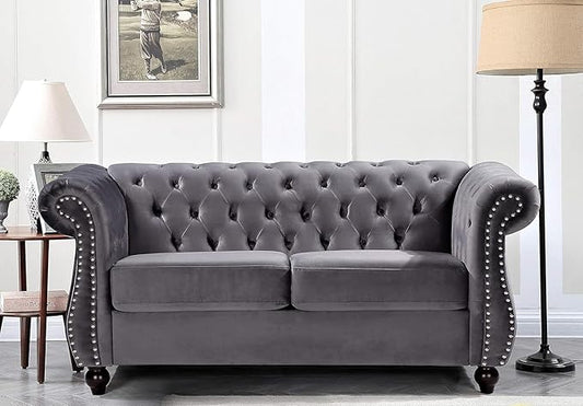 Feinstein Modern Velvet Chesterfield Couches for Living Room with Nailheads, Diamond Tufting & Durable Metal Frame, Loveseat, Gray