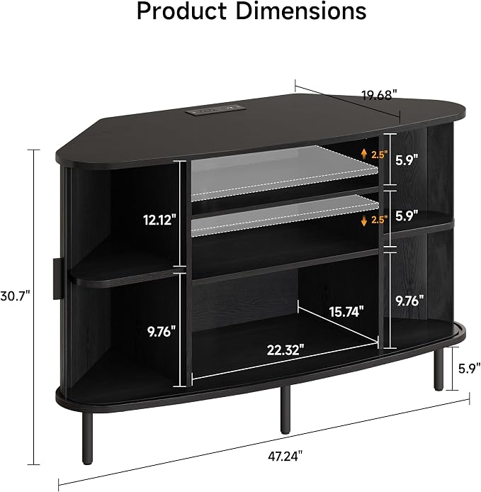 ONBRILL 47" Corner TV Stand, Fluted TV Cabinet with Sliding Doors Fits up to 55 Inch TVs, Modern Corner Entertainment Center with Power Outlet, Wood Media Console Table with Storage, Black - Image 2
