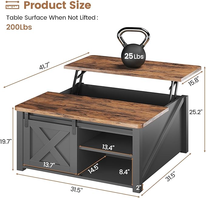 SEDETA 31.5" Lift Top Coffee Table with Storage, Square Coffee Tables for Living Room, Farmhouse Coffee Table with Large Hidden Storage Compartment and Adjustable Shelves, Black