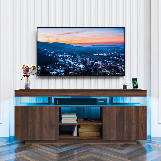 HOMMPA LED TV Stand for 55/50/43/40/32 Inch Modern Entertainment Center with Power Outlets, Gaming Consoles Storage, Media Table with LED Lights, Game Cabinet for Living Room Walnut - Image 10