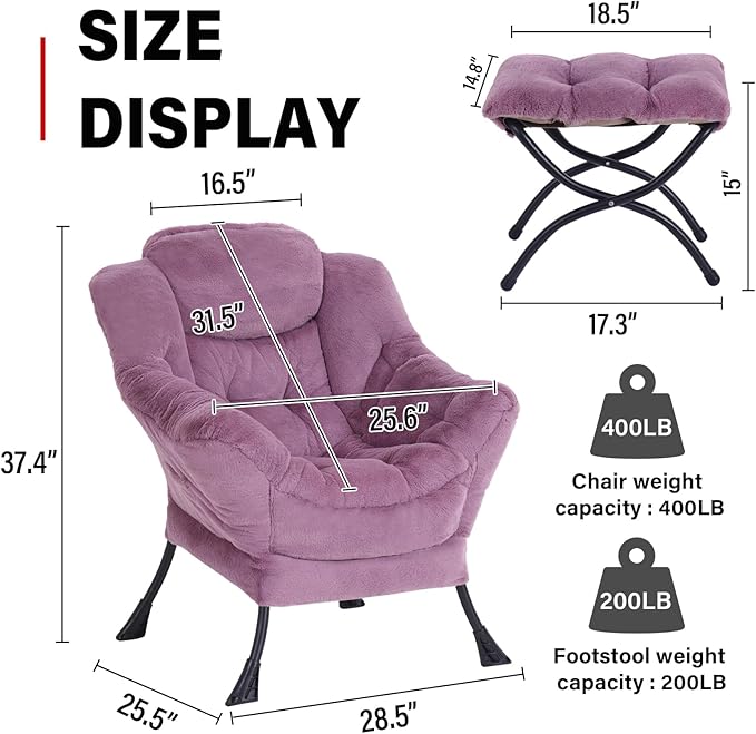 Lazy Chair with Ottoman, Modern Accent Chair Contemporary Lounge Leisure Sofa Chair with Armrests, Reading Chair and Folding Footstool Set for Living Room, Bedroom, Office