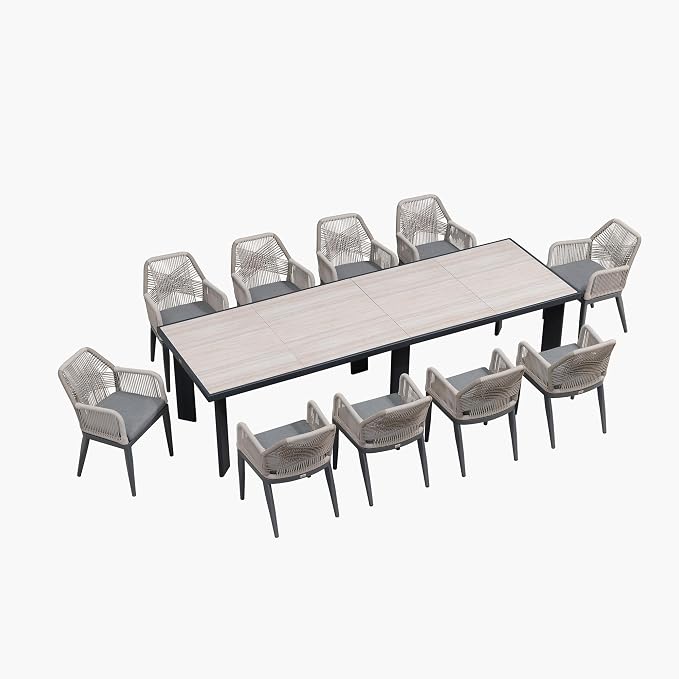 PURPLE LEAF 11 Pieces Patio Dining Set Aluminum Modern Oversize Rectangular Table and Rattan Arm Chairs with Cushions for Kitchen Porch Garden Outdoor Furniture Sets, Beige and Dark Grey - Image 9
