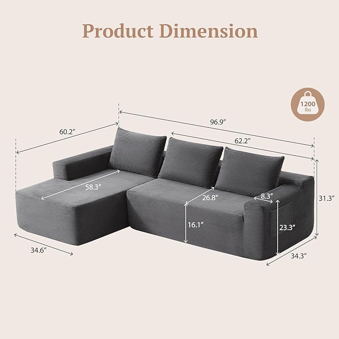97inch Boneless L-Shaped Sectional Sofa with Throw Pillow & Side Pockets- No Assembly Compressed Modular Couch, Memory Foam, Deep Seat for Living Room, Bedroom, Apartment Grey Left