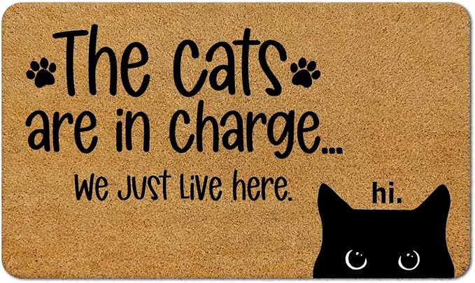 Funny Black Cat Faux Coir Door Mat Doormat for Front Door Indoor Outdoor Porch Entrance Entryway Outside Inside, The Cats are in Charge We Just Live Here Black Cat Welcome Mat, 17x30 Inches by MKIJUHB