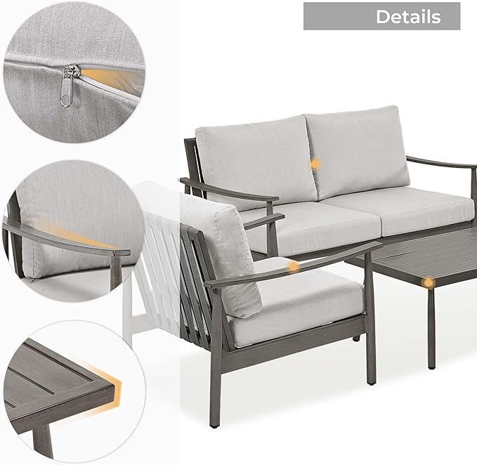 HAPPATIO Patio Outdoor Furniture Set - 4 Piece Aluminum Patio Conversation Set with 1 Coffee Table, 2 Armchairs and 1 Loveseat, Aluminum Outdoor Furniture Set for Backyard Deck Poolside (Grey)