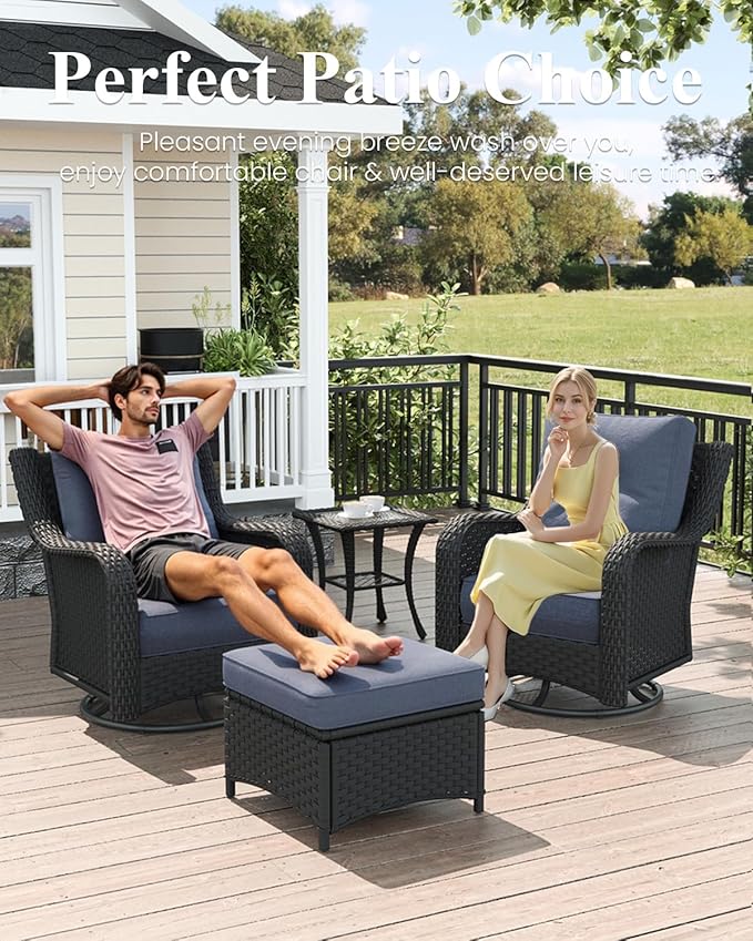 LayinSun 5 Piece Wicker Outdoor Furniture Set with 6-inch Comfy Cushions, High Back Patio Furniture Set with Swivel Rocking Chairs and Side Table
