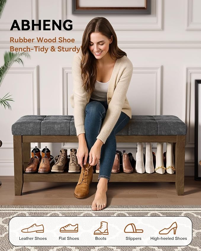 ABHENG Solid Rubber Wood Shoe Bench, Soft Chenille Material Upholstered Seat, 770LB Load Capacity, Multi-Storage for Entryway/Bedroom/Living Room, Vintage Style, 43.3"x15.7"x17.7", Dark Gray,UASND65G - Image 3