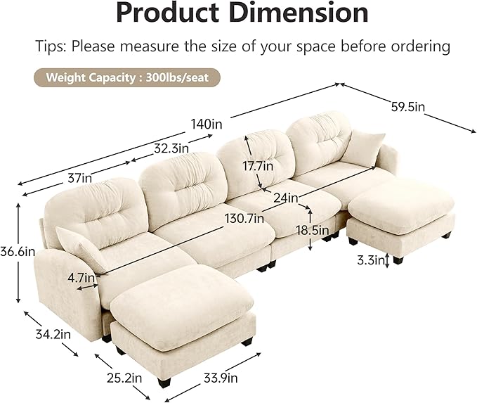KEIKI 140" U-Shaped Oversized Chenille Modular Sectional Sofa with 2 Ottoman, High-Density Foam Cushions, Tufted Pleated Cushion Backrest, Modern 4-Seater Couch with 2 Pillow, for Living Room, Beige