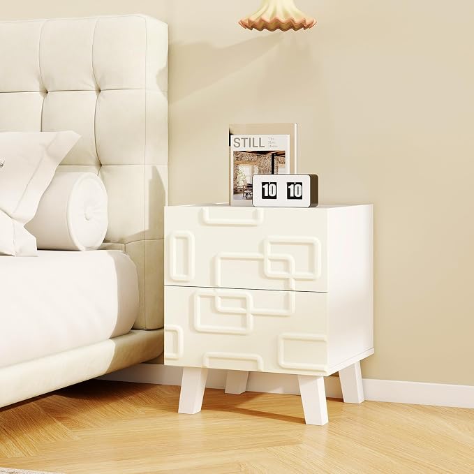 Giantex Mid Century Modern Nightstand Set of 2, 2-Drawer Bedside Table with 3D Geometric Patterns, Accent Sofa Side Table, Night Stand for Small Space, Bedroom, White - Image 7