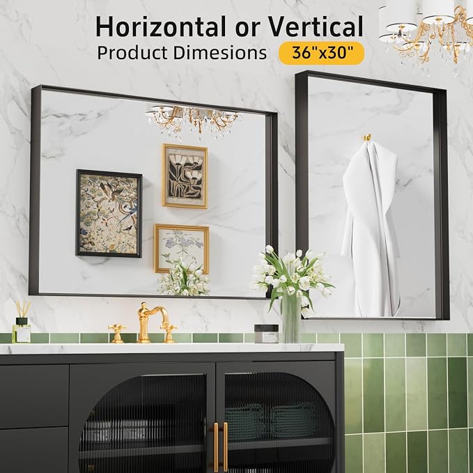 36”x 30” Black Bathroom Mirrors for Over Sink,Metal Framed Rectangle Mirrors, Tempered Glass, Black Wall Decor Mirror for Living Room Farmhouse Bedroom Entryway, (Horizontal/Vertical) - Image 5