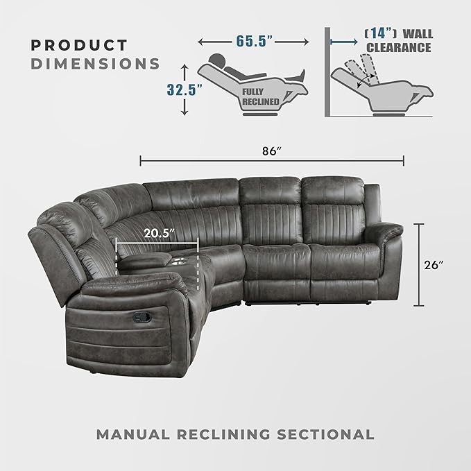 Lexicon Reclining Sectional Couches for Living Room, Modern Sofa, L Shape Sectional Couch with Drop-Down Cup Holders and Storage Arms, Manual Recliner Sectional Sofa, Brownish Gray