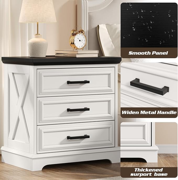 knoworld 24 Inch Wide Farmhouse Nightstands Set of 2 with Charging Station, White Nightstand with 3 Large Drawers, Rustic Wood End Table for Bedroom - Image 7