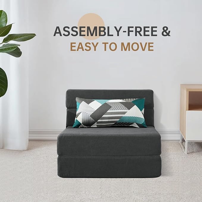 Folding Sofa Bed Single Size with Pillow Memory Foam Convertible Sleeper Chair Floor Couch Futon Lazy for Living Room Home Office Guest Beds Apartment Upstairs Loft, Dark Gray