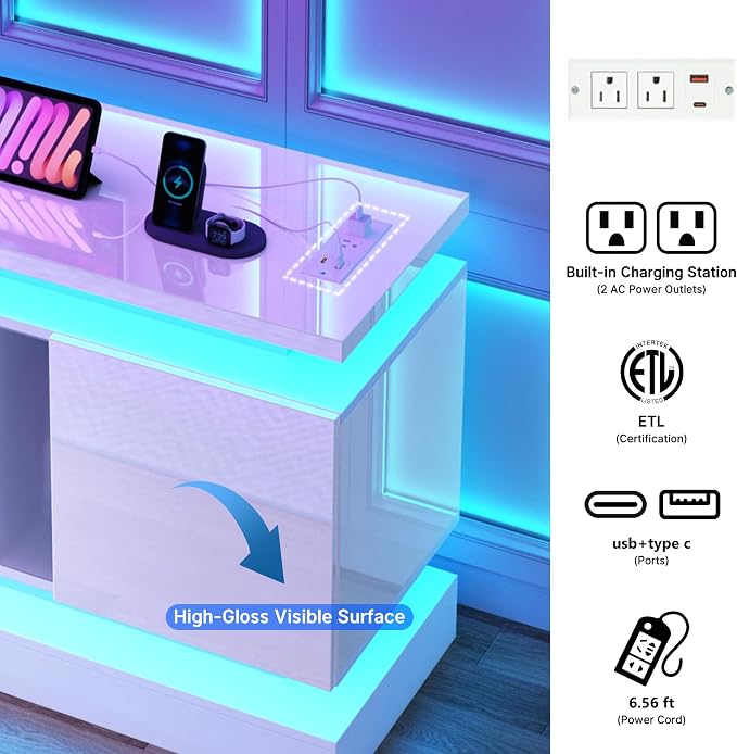 chartustriable 81IN LED TV Stands w/Power Outlet for 90/80/75 Inch TVs,High Glossy Modern Tall Entertainment Center TV Media Console Gaming with 2 Storage Cabinets,Dual LED Lights,White - Image 5