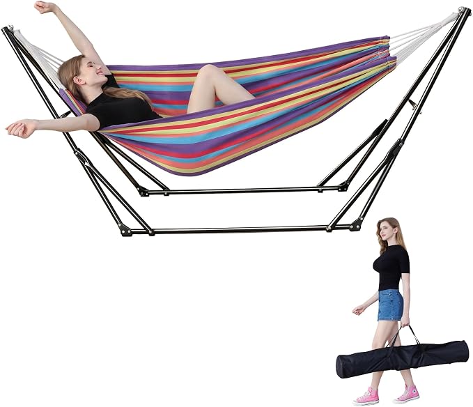 Portable Hammock with Stand for Outside Foldable,Frabic Tension Adjustable Indoor,Carrying Bag Included, 616 lbs Weight Capacity, Suitable Garden Yard Outdoor Inhouse Multicolour by LIEVIM