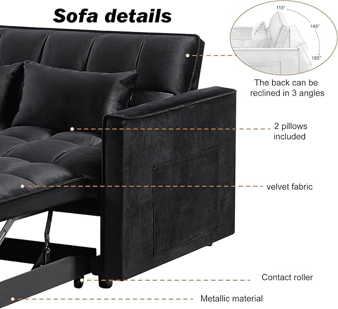 3 in 1 Convertible Sleeper Sofa Bed, Pull Out Couch Loveseat Futon, Adjustable Backrest Velvet Sofa with Pillows and Side Pockets for Living Room Apartment, Modern Black