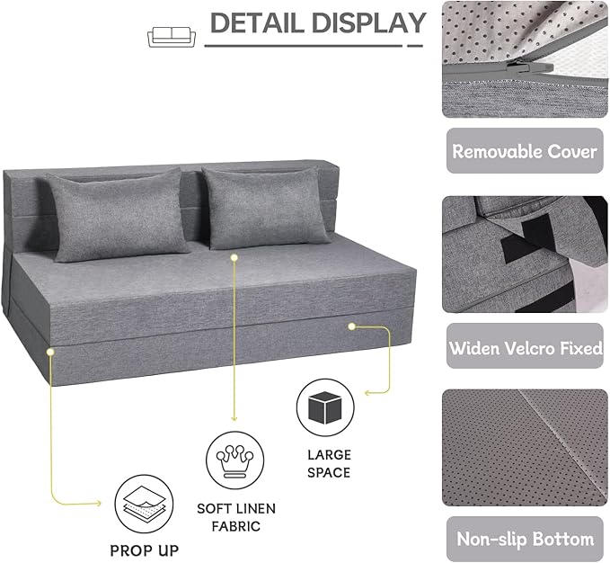 Folding Sofa Bed, Foldable Bed Sleeper Chair with Removable Washable Cover, Convertible Fold Out Couch with Pillow, Futon Couch for Living Room, Dorm, Guest Room, Queen Size, Light Grey