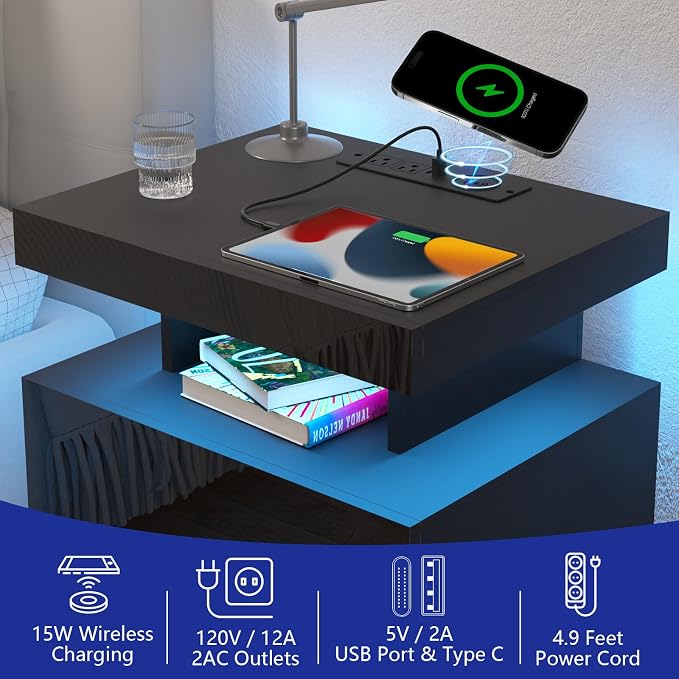 HOMMPA LED Nightstand with Wireless Charging Station & USB Ports High Gloss Bedside Table with LED Light RGB Adjustable Brightness Smart Nightstand 2 Drawers Night Stand for Bedroom Black - Image 3